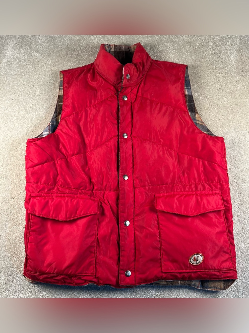 Vintage Goosedown Puffer Vest Reversible Camel Red Snap Up Plaid Wool Men's Lg